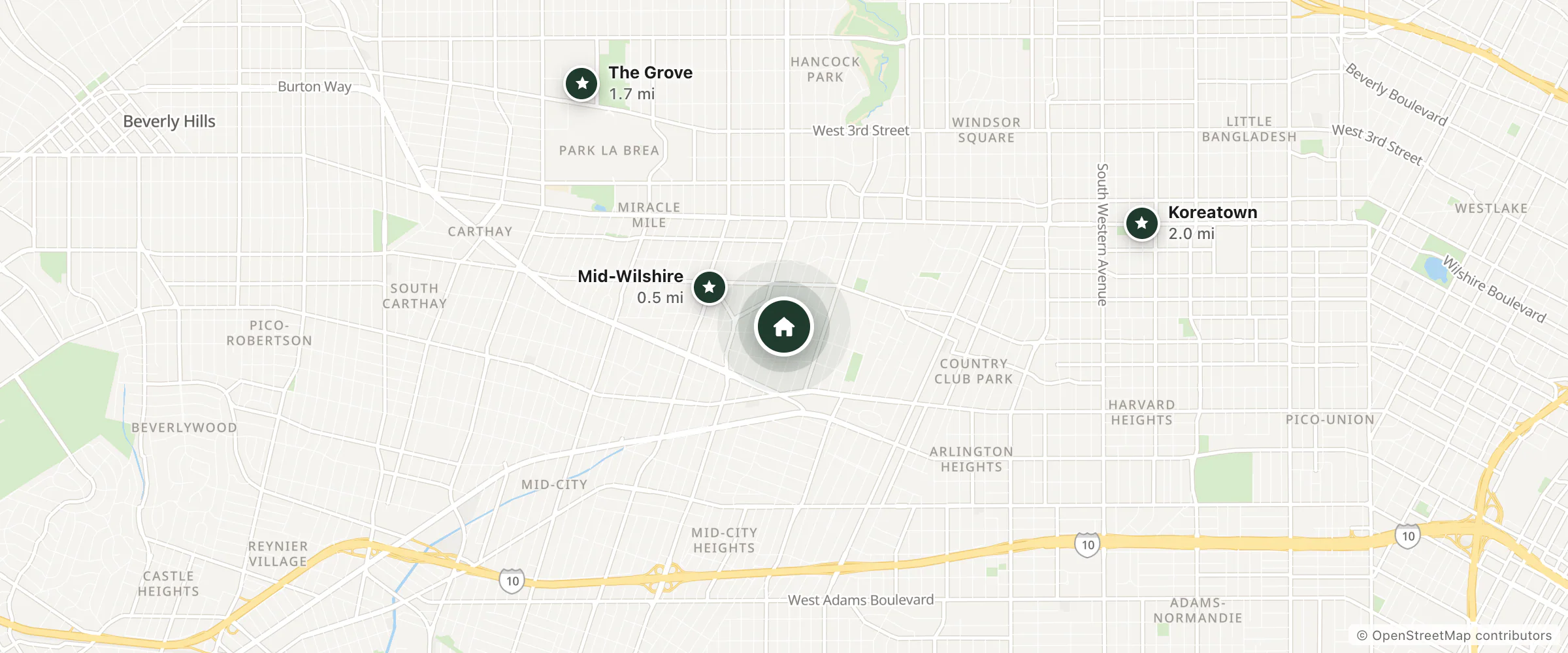 Map of LA Kingsley House and nearby Mid-Wilshire, The Grove and Koreatown