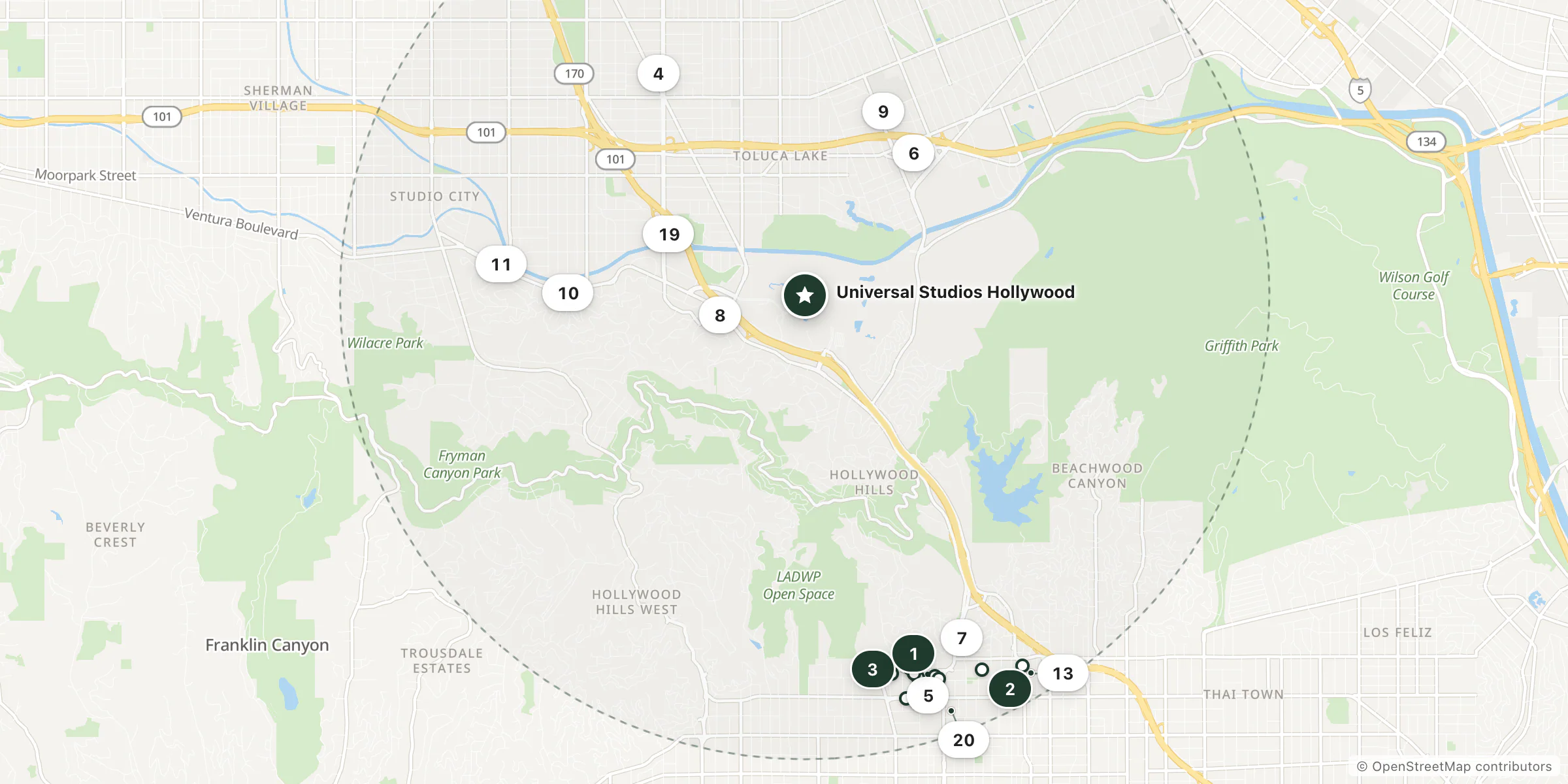 Map of hotels near Universal Studios Hollywood