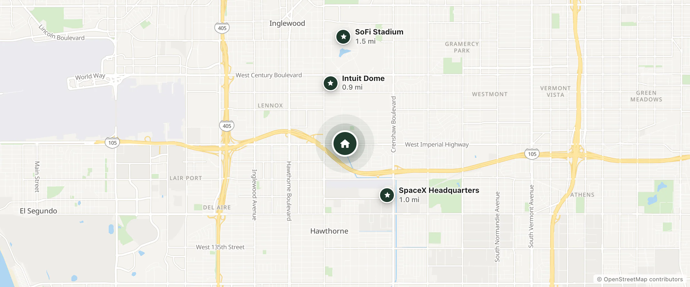 Map of Casa Bell Motel and nearby Intuit Dome, SpaceX Headquarters and SoFi Stadium