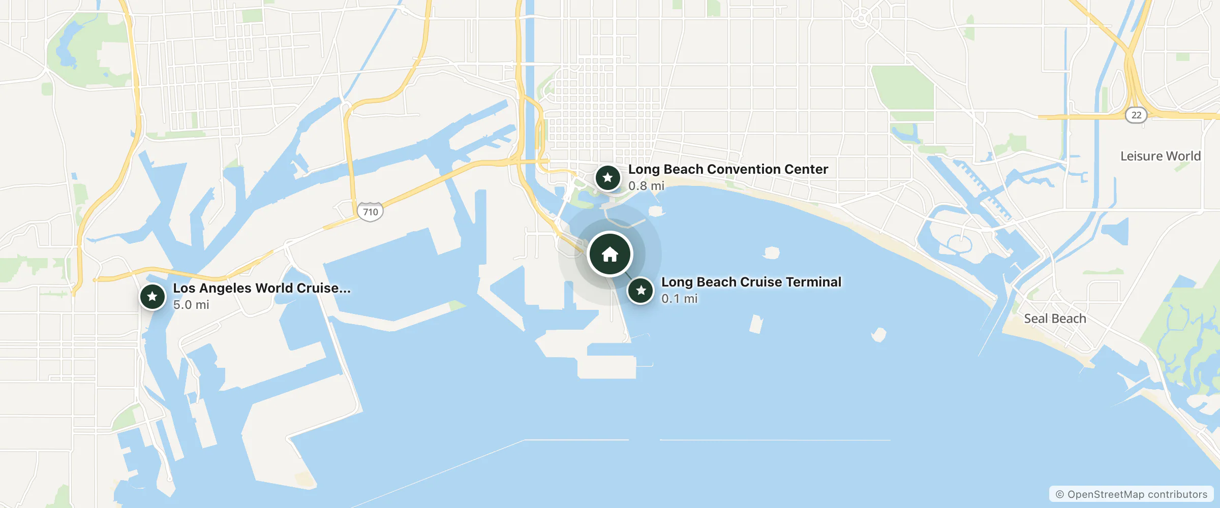 Map of The Queen Mary and nearby Long Beach Cruise Terminal, Long Beach Convention Center and Los Angeles World Cruise Center