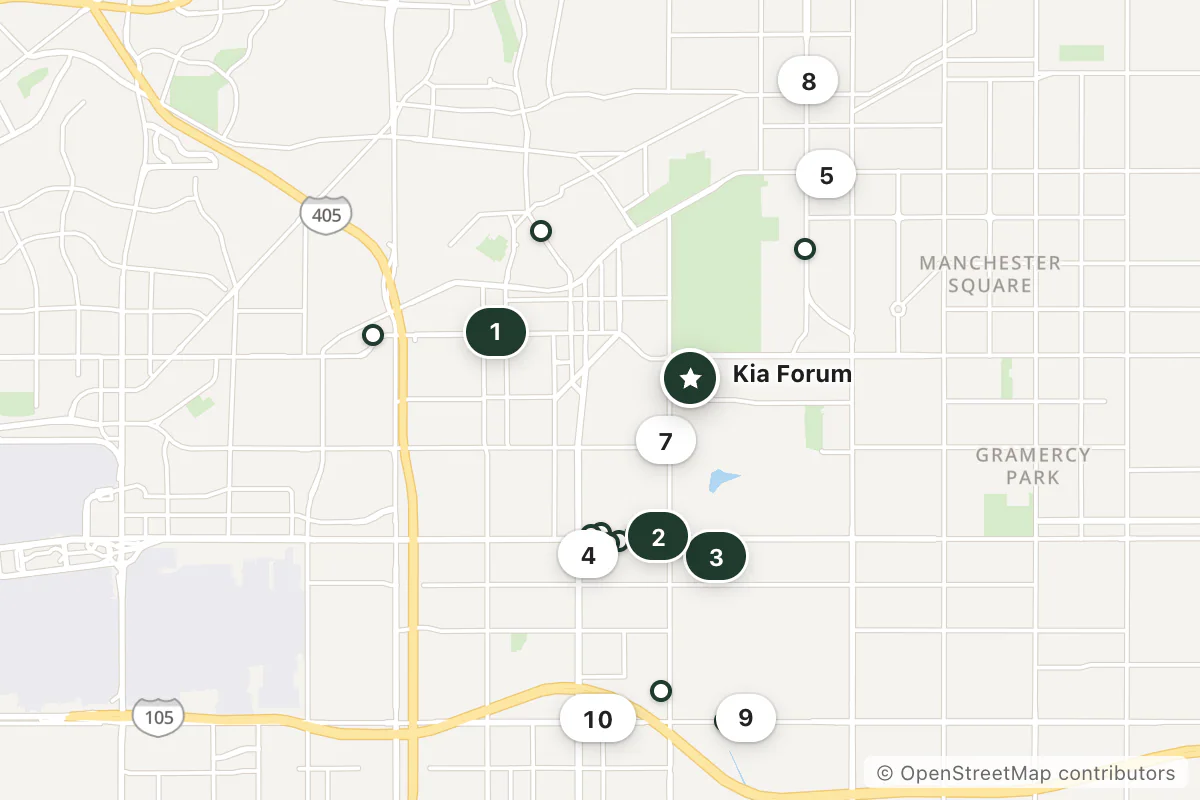 Map of the top 25 hotels for this question around Kia Forum