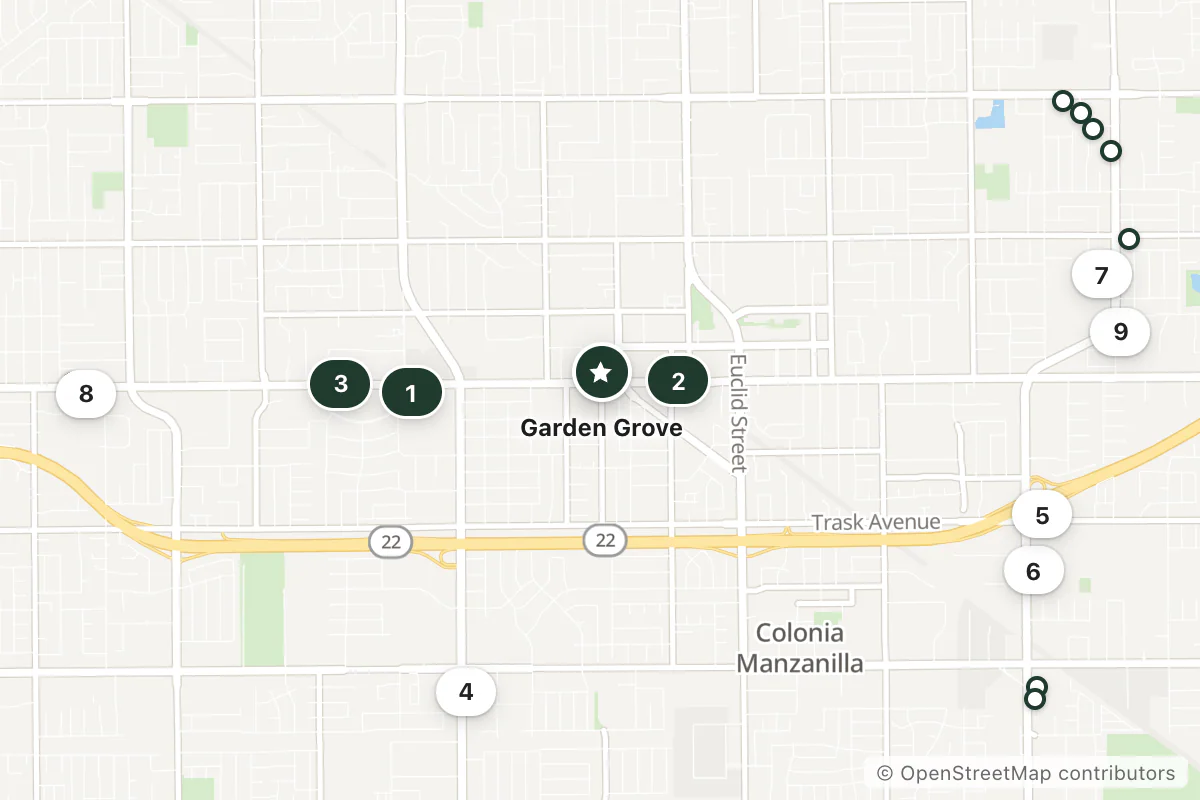 Map of the top 20 hotels for this question around Garden Grove