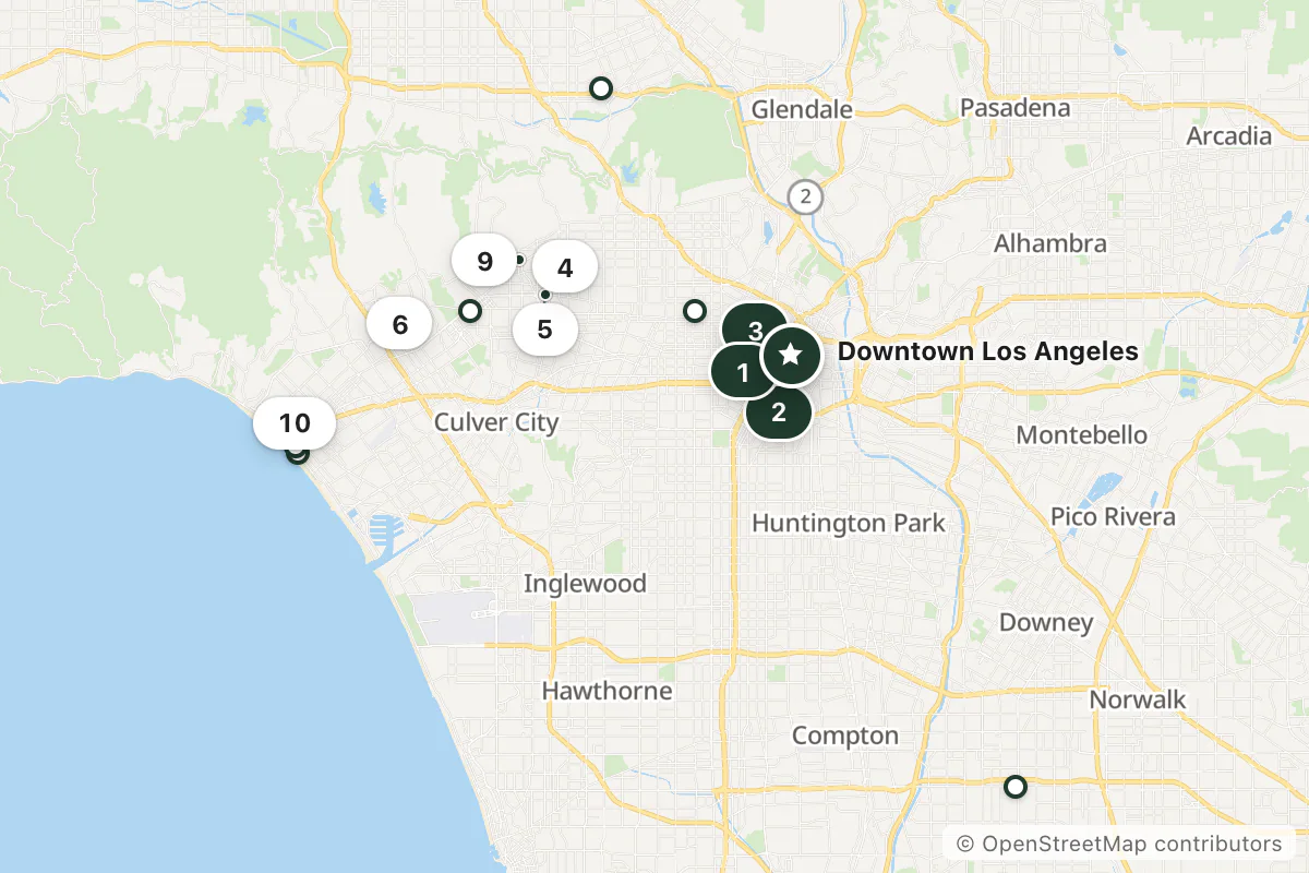 Map of the top 15 hotels for this question around Downtown Los Angeles