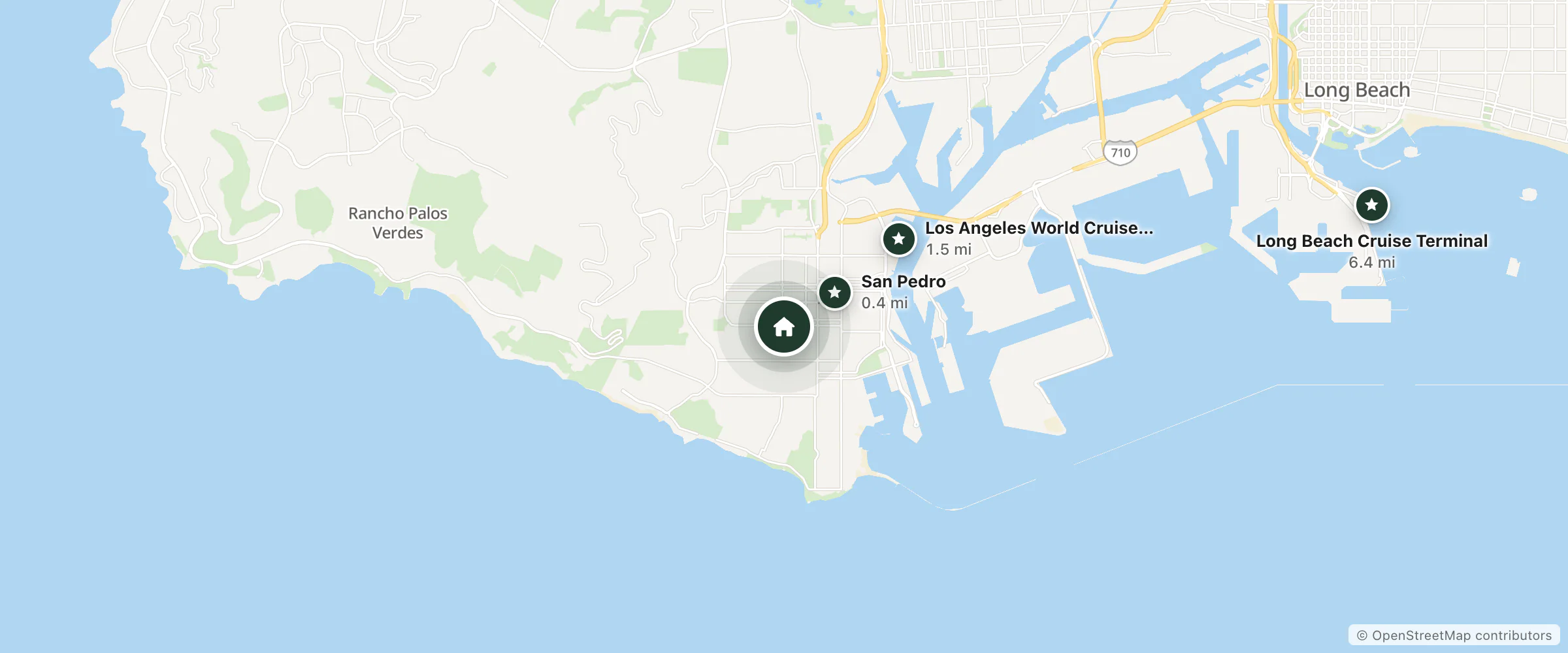 Map of Marylin Hotel and nearby San Pedro, Los Angeles World Cruise Center and Long Beach Cruise Terminal