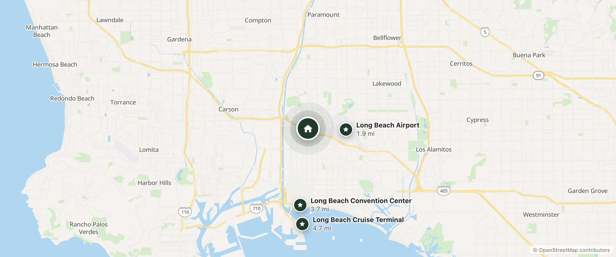 Map of The Concourse Hotel At Los Angeles Airport - A Hyatt Affiliated Hotel and nearby Long Beach Airport, Long Beach Convention Center and Long Beach Cruise Terminal