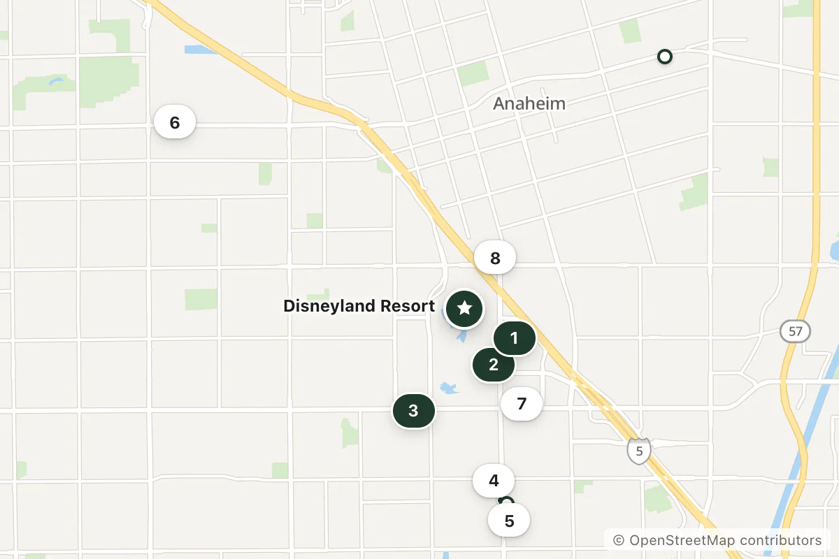 Map of the top 11 hotels for this question around Disneyland Resort