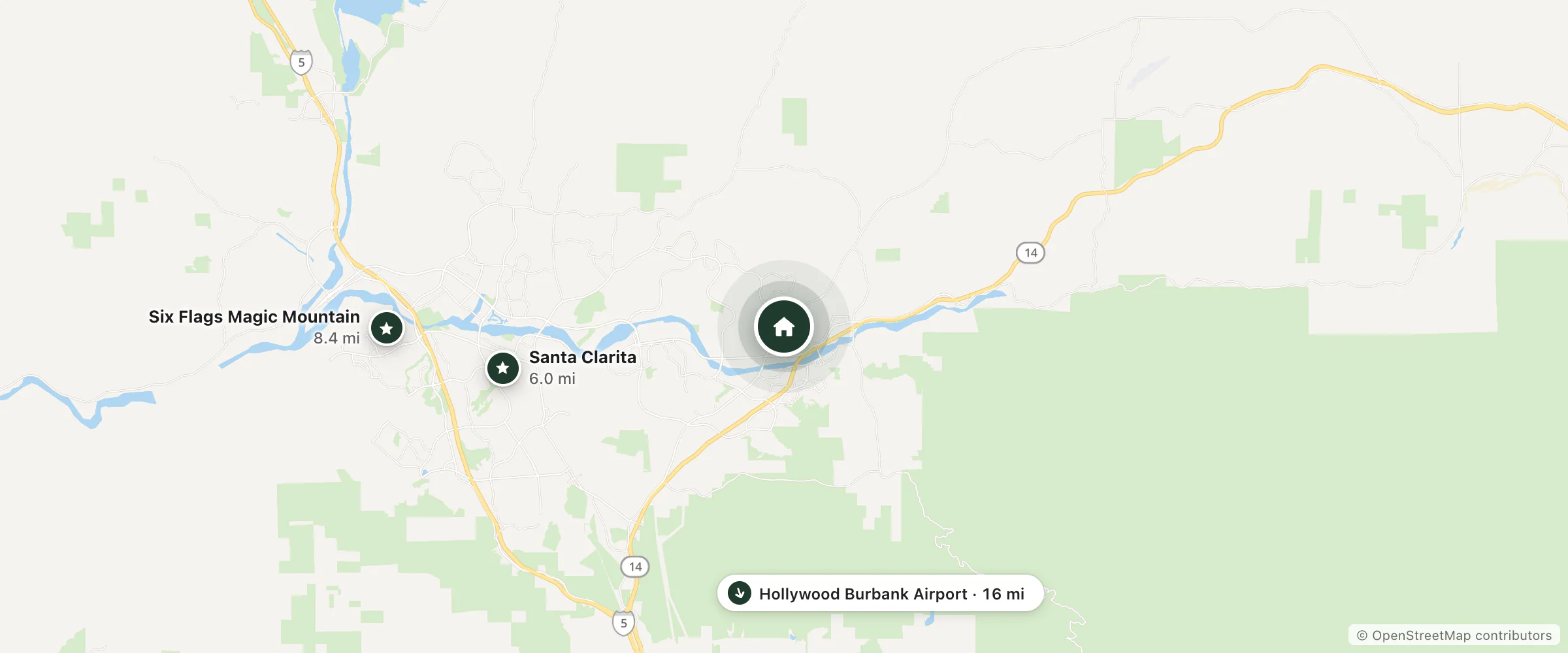 Map of Super 8 and nearby Santa Clarita, Six Flags Magic Mountain and Hollywood Burbank Airport