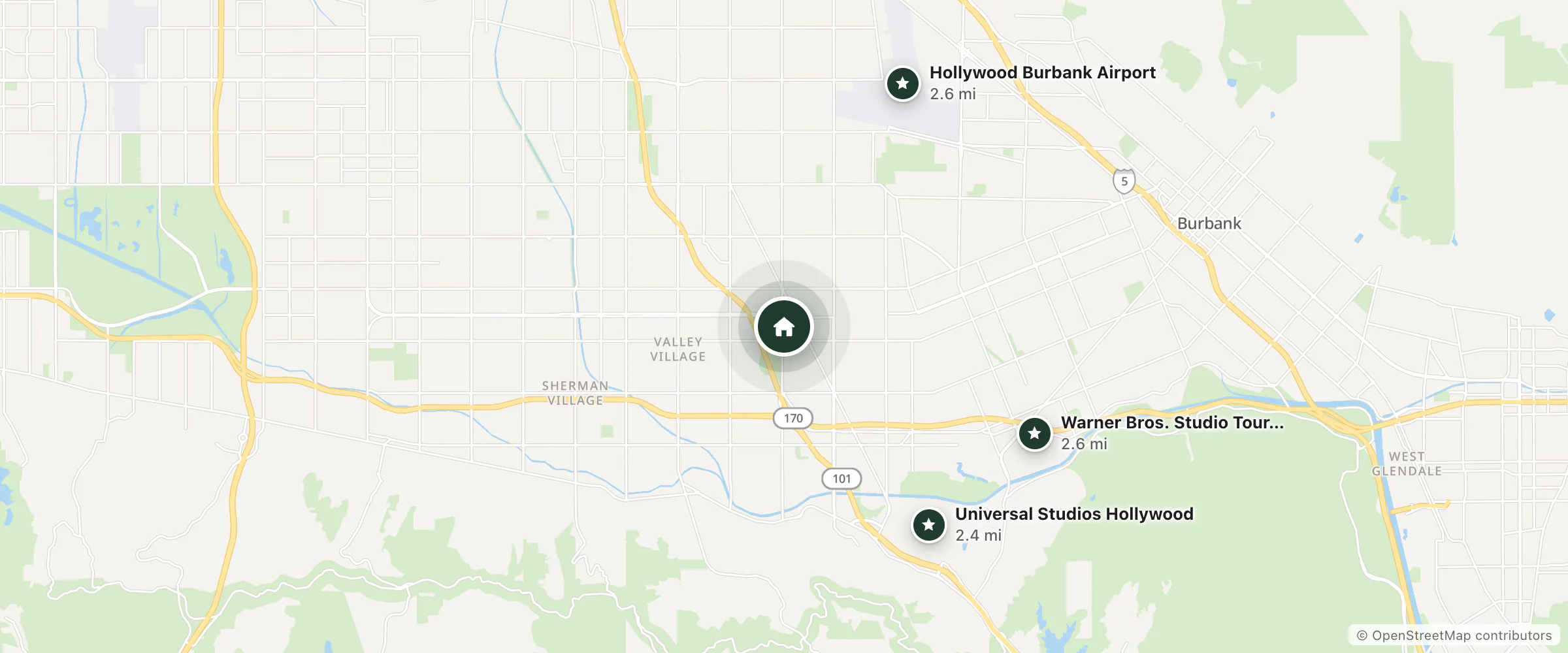 Map of Lexen Hotel and nearby Universal Studios Hollywood, Hollywood Burbank Airport and Warner Bros. Studio Tour Hollywood