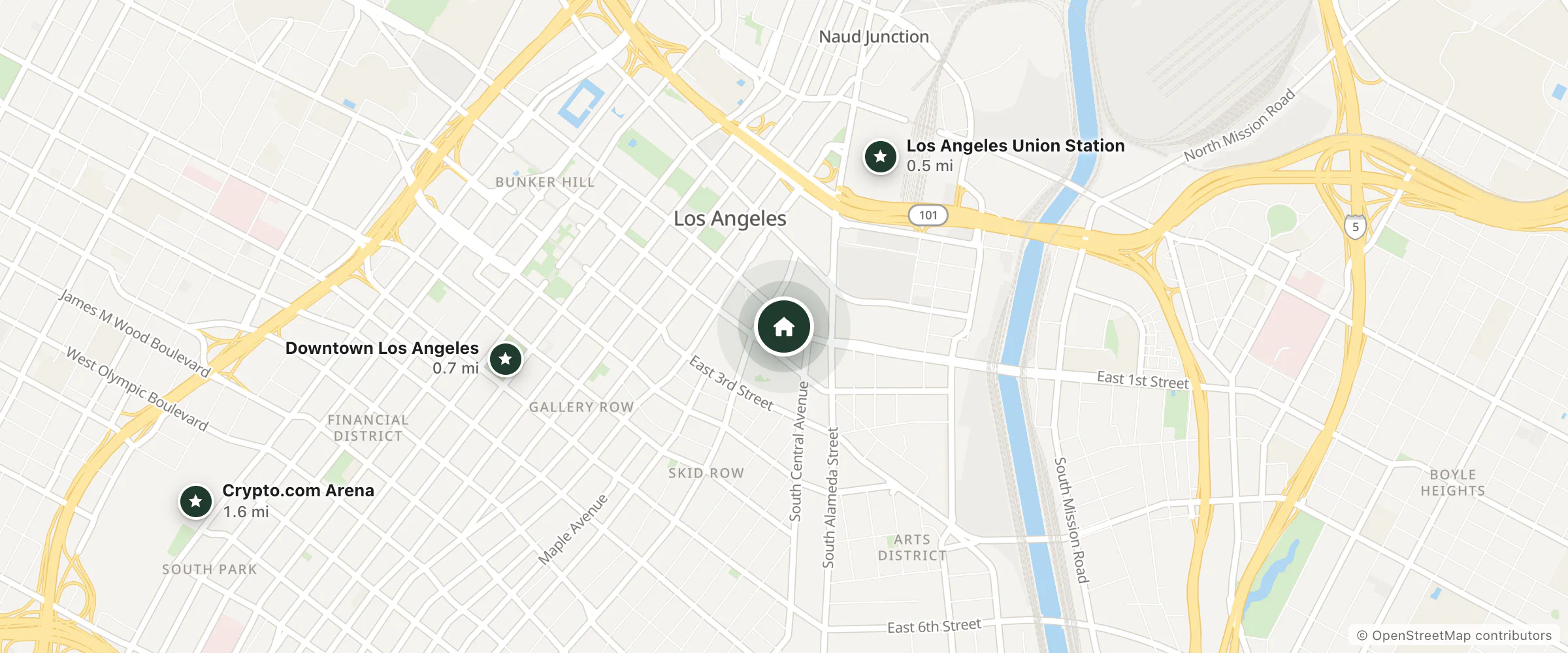 Map of Miyako Hotel Los Angeles and nearby Los Angeles Union Station, Downtown Los Angeles and Crypto.com Arena