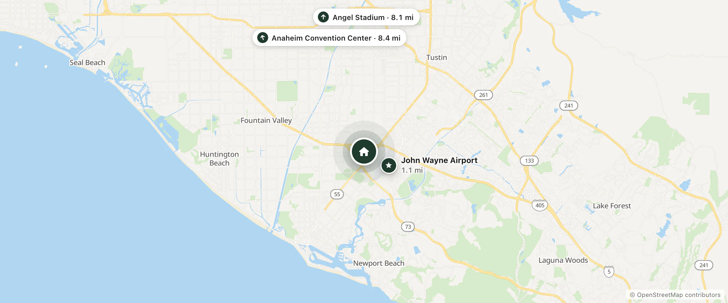 Map of Hilton and nearby John Wayne Airport, Angel Stadium and Anaheim Convention Center