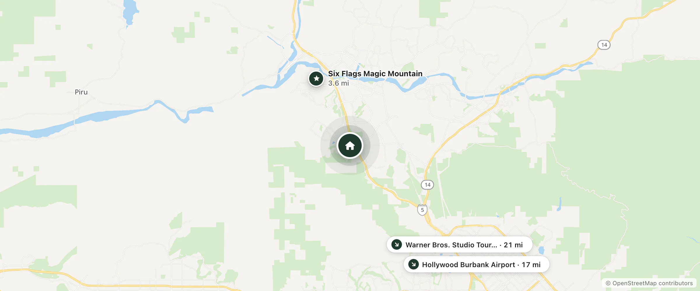 Map of Fairfield and nearby Six Flags Magic Mountain, Hollywood Burbank Airport and Warner Bros. Studio Tour Hollywood