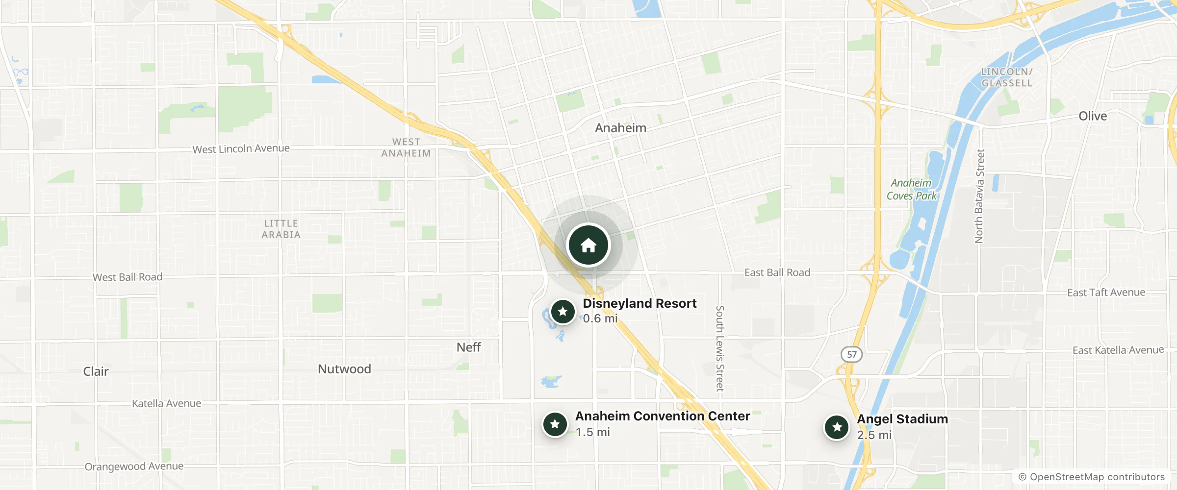 Map of California Inn and nearby Disneyland Resort, Anaheim Convention Center and Angel Stadium