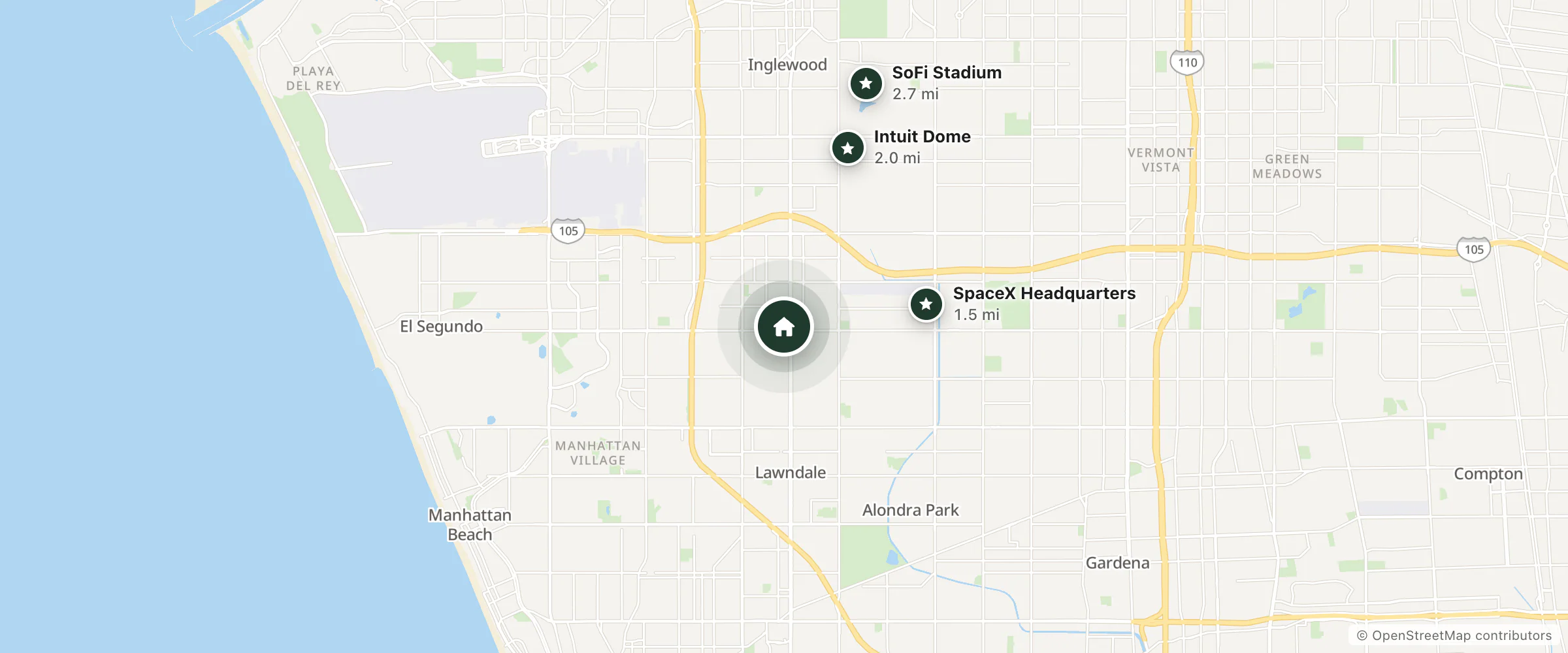 Map of Courtyard by Marriott Los Angeles LAX/Hawthorne and nearby SpaceX Headquarters, Intuit Dome and SoFi Stadium