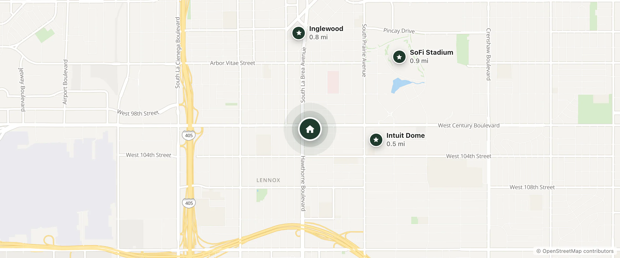 Map of Royal Century Hotel and nearby Intuit Dome, Inglewood and SoFi Stadium