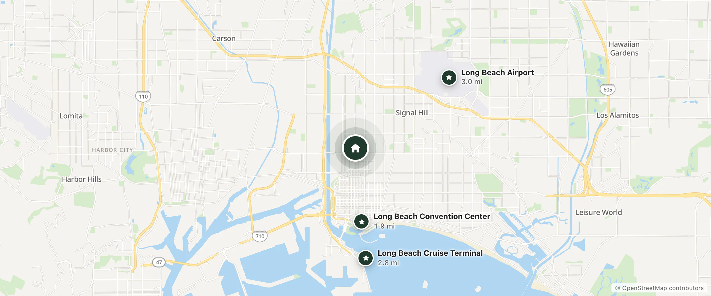 Map of Ruby Motel and nearby Long Beach Convention Center, Long Beach Cruise Terminal and Long Beach Airport