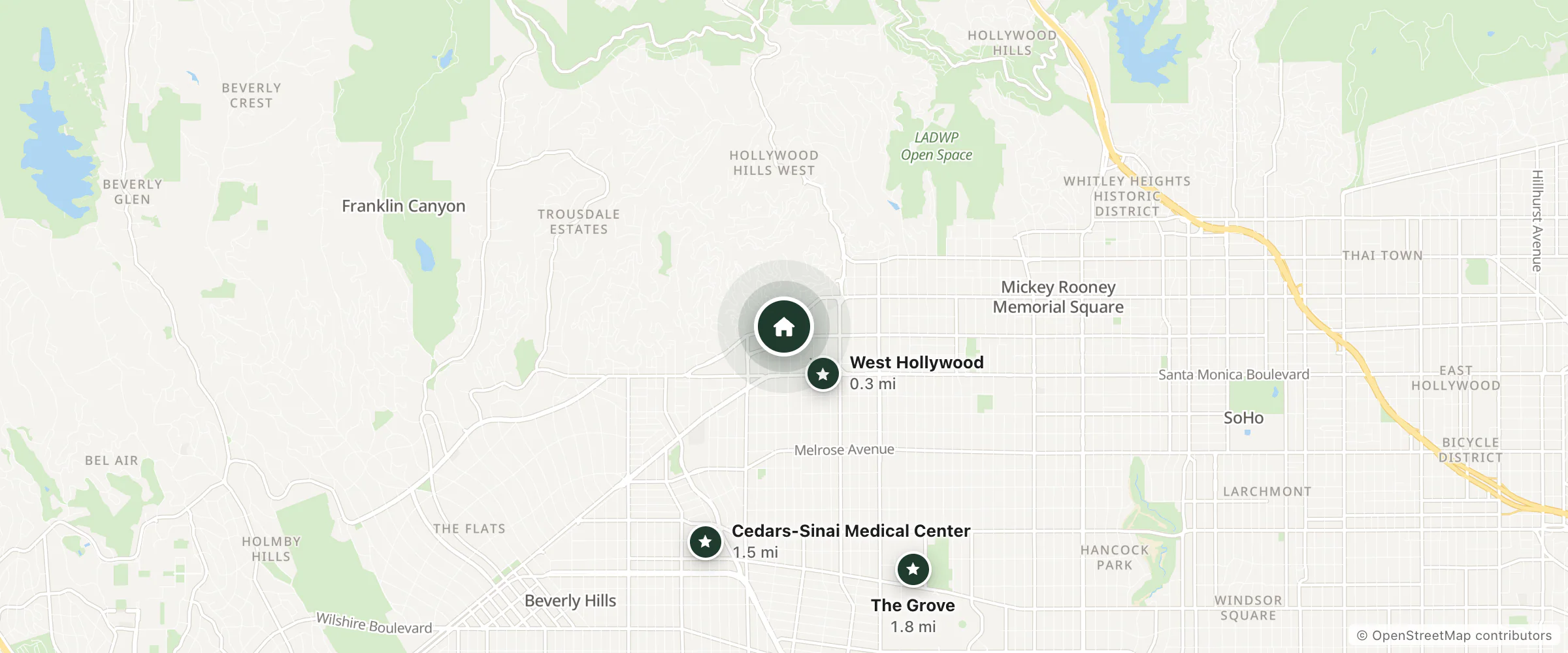 Map of Sunset Tower Hotel and nearby West Hollywood, Cedars-Sinai Medical Center and The Grove