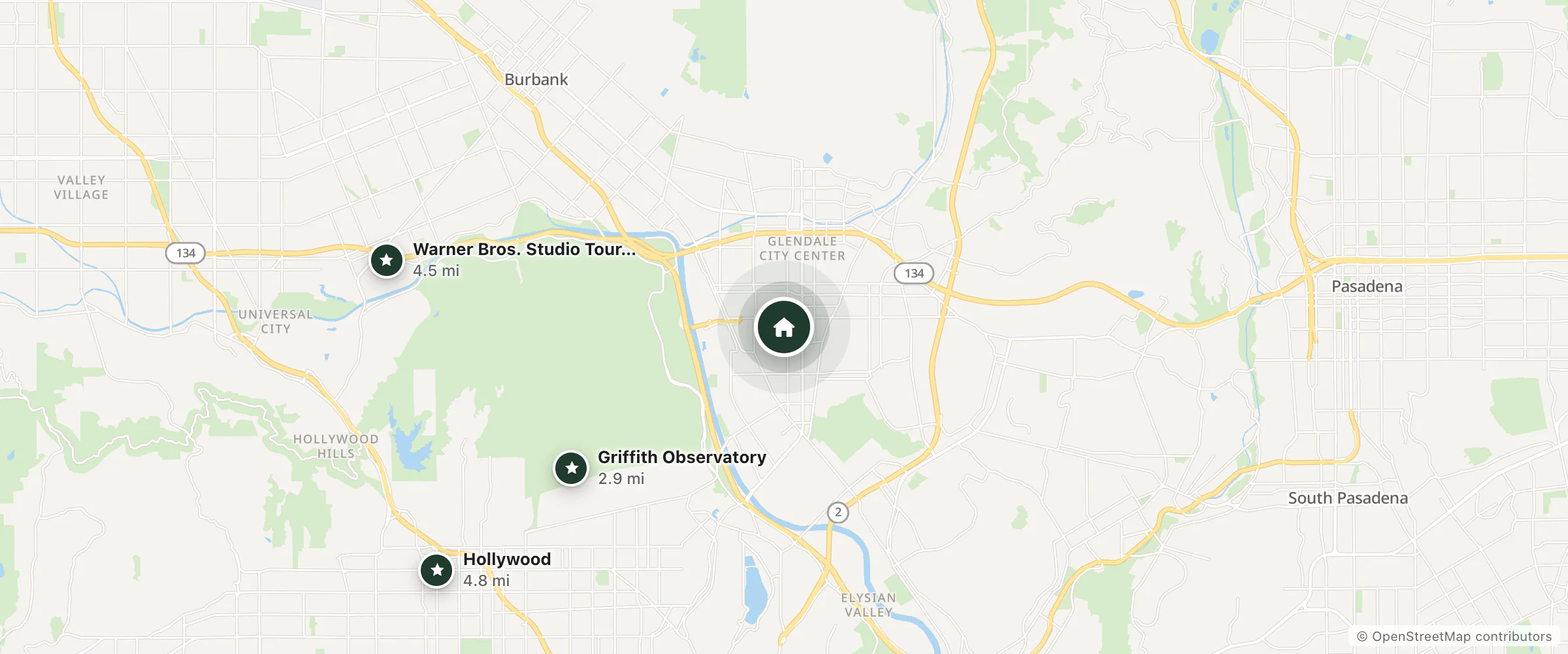 Map of The Langham Gold Coast and nearby Griffith Observatory, Warner Bros. Studio Tour Hollywood and Hollywood