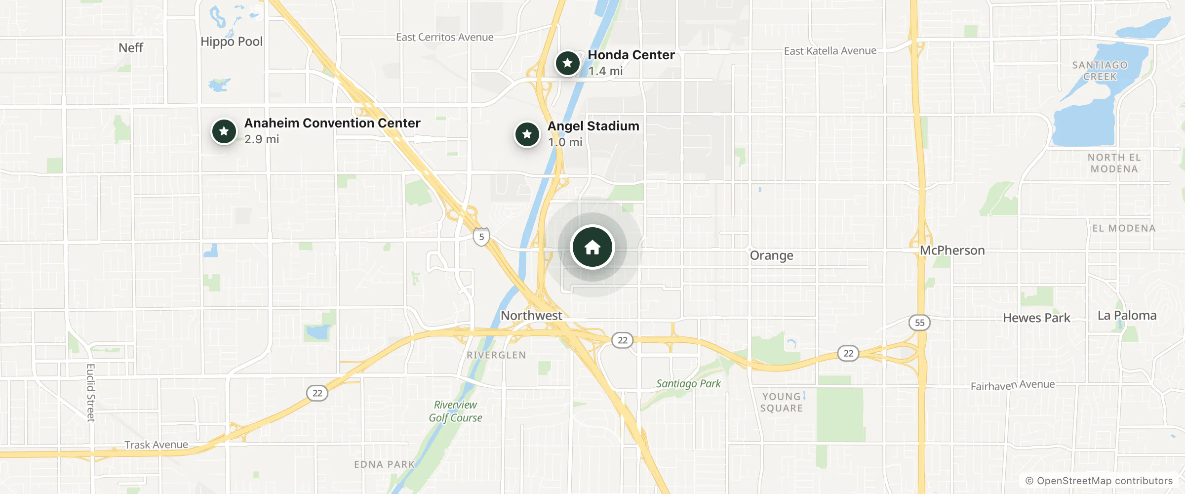 Map of Castaway Motel and nearby Angel Stadium, Honda Center and Anaheim Convention Center