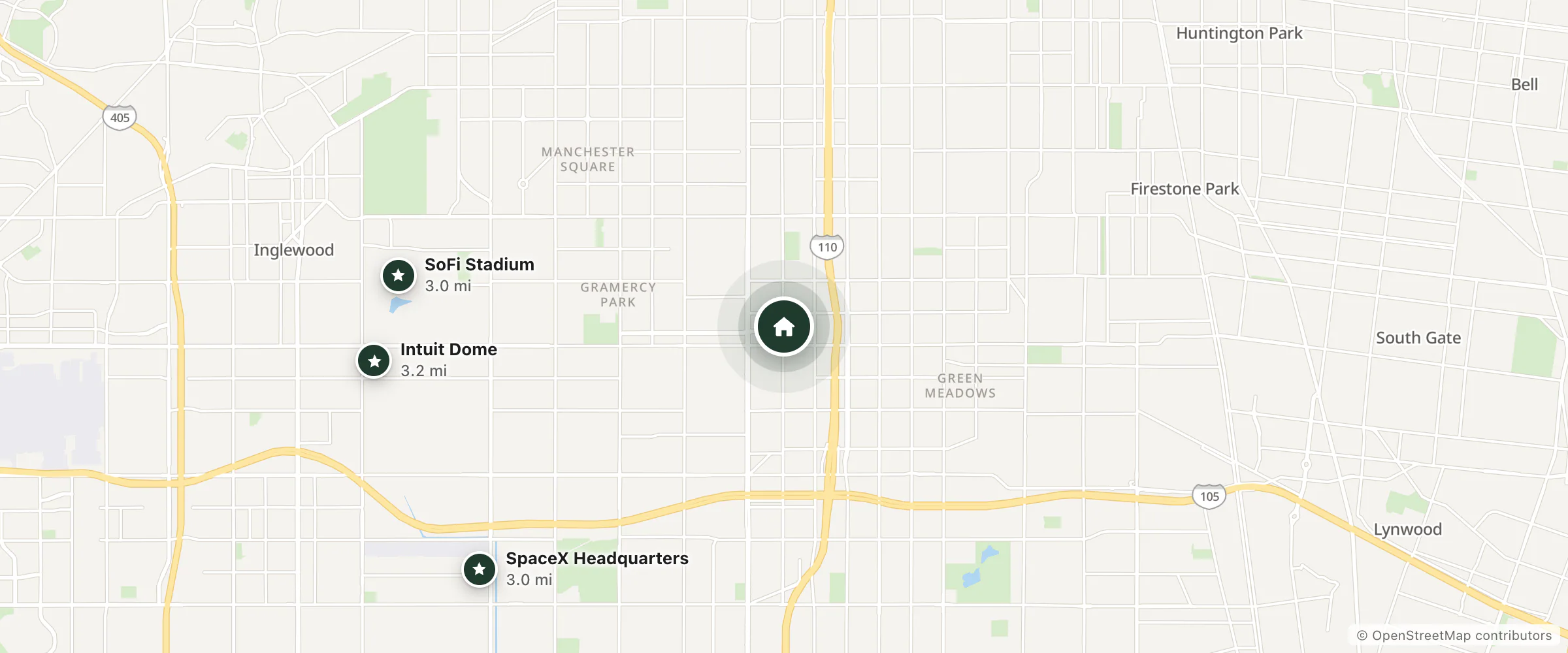 Map of Hoover Motel and nearby SoFi Stadium, SpaceX Headquarters and Intuit Dome