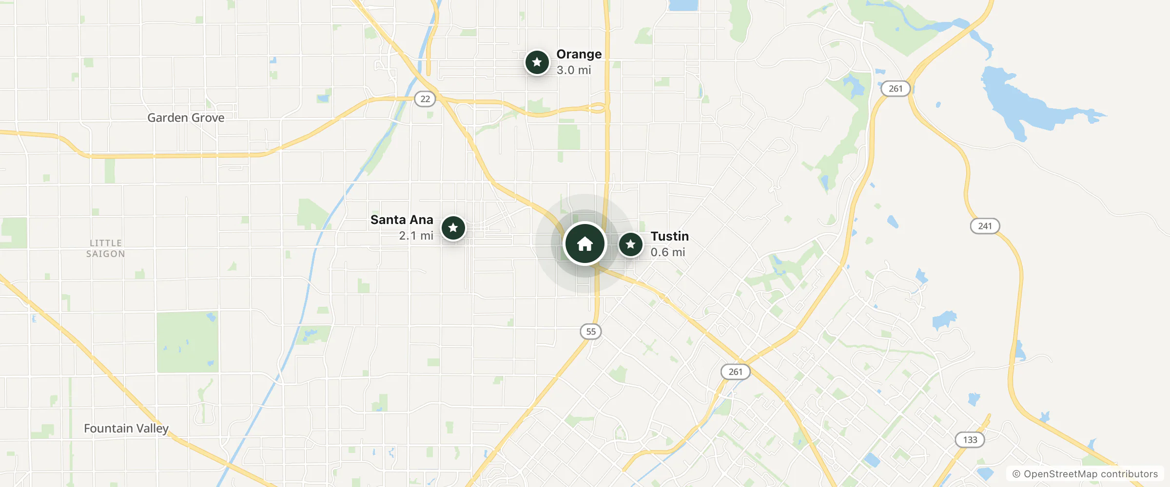 Map of Sunland Motel and nearby Tustin, Santa Ana and Orange