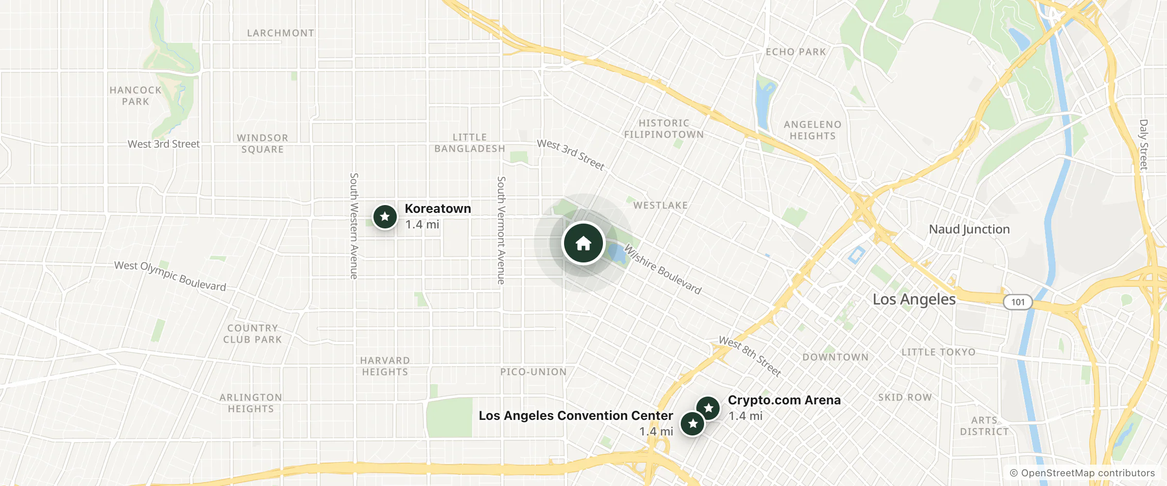 Map of Coronado Inn and nearby Koreatown, Crypto.com Arena and Los Angeles Convention Center