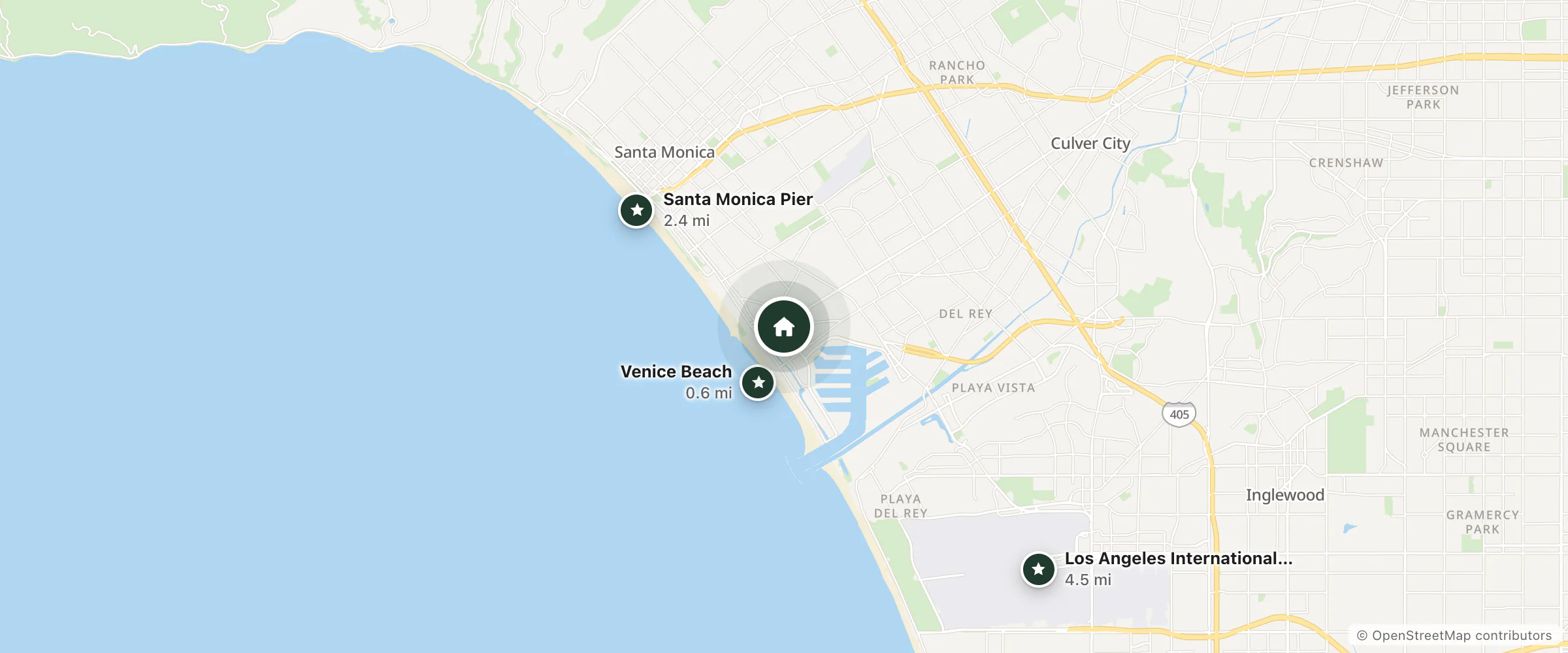 Map of PodShare Venice and nearby Venice Beach, Santa Monica Pier and Los Angeles International Airport