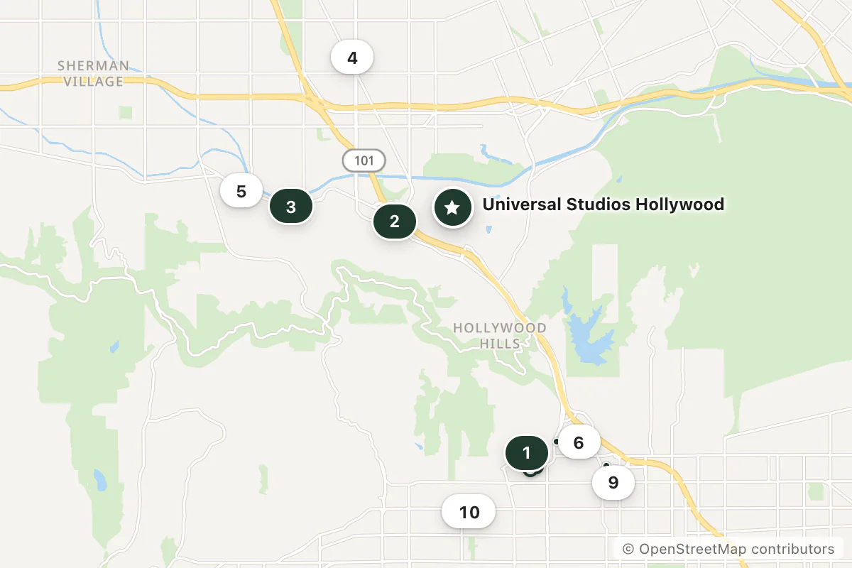 Map of the top 10 hotels for this question around Universal Studios Hollywood