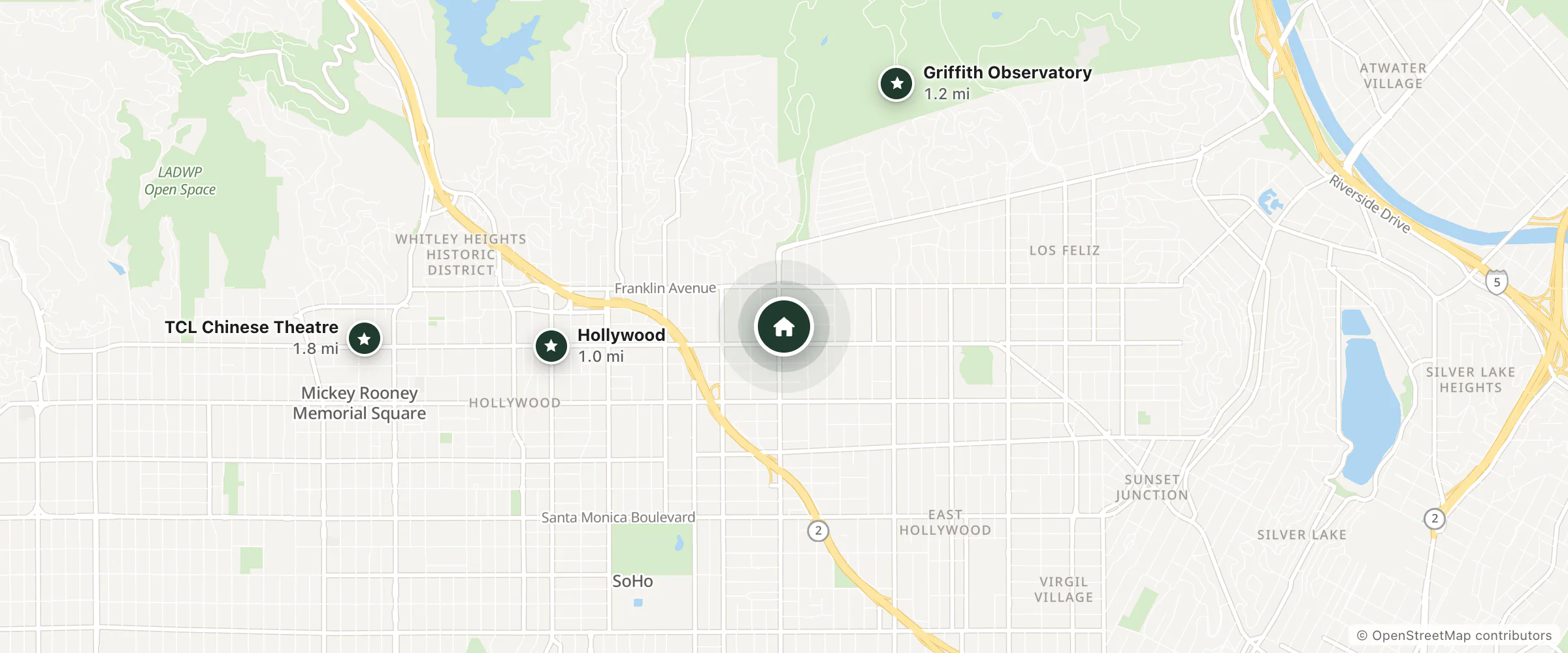 Map of Cara Hotel and nearby Hollywood, Griffith Observatory and TCL Chinese Theatre