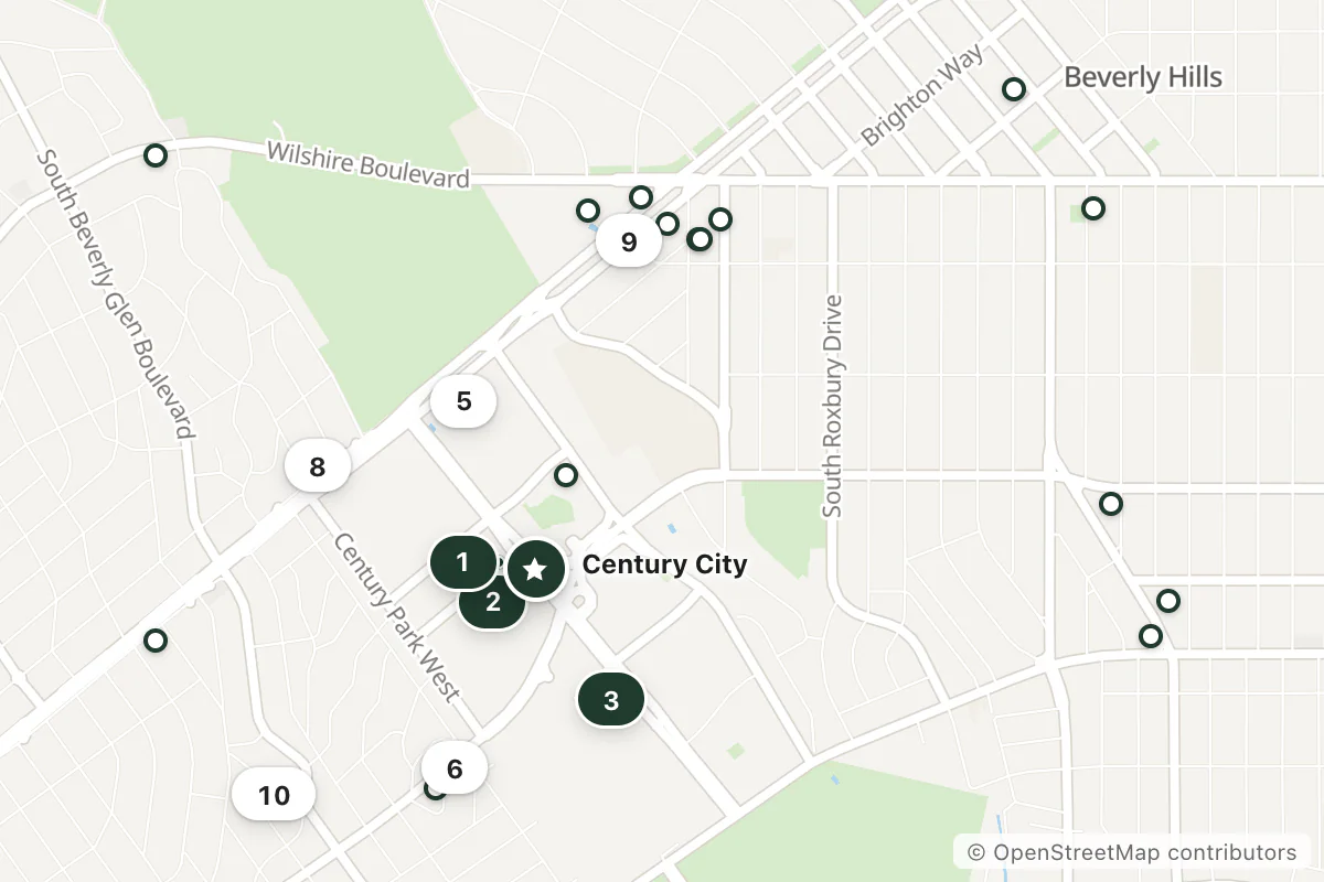 Map of the top 25 hotels for this question around Century City