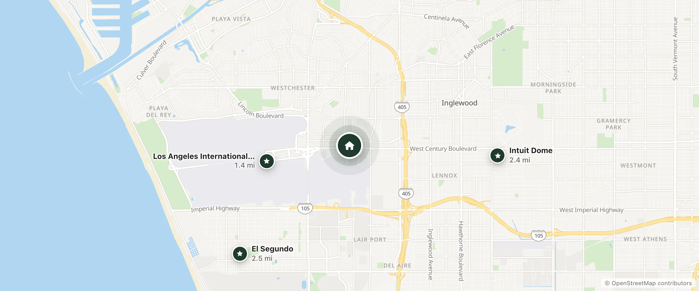 Map of Los Angeles Airport Marriott and nearby Los Angeles International Airport, Intuit Dome and El Segundo