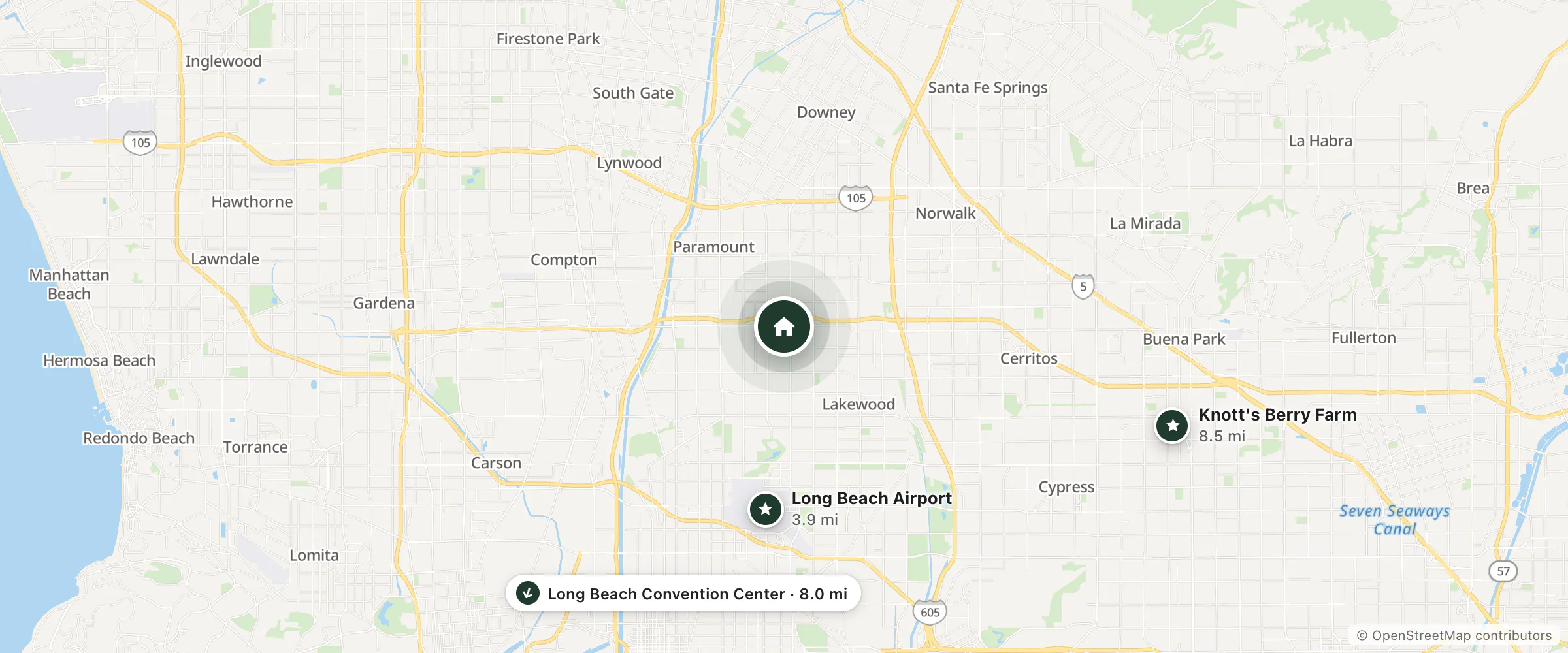 Map of Easy 8 Motel and nearby Long Beach Airport, Long Beach Convention Center and Knott's Berry Farm