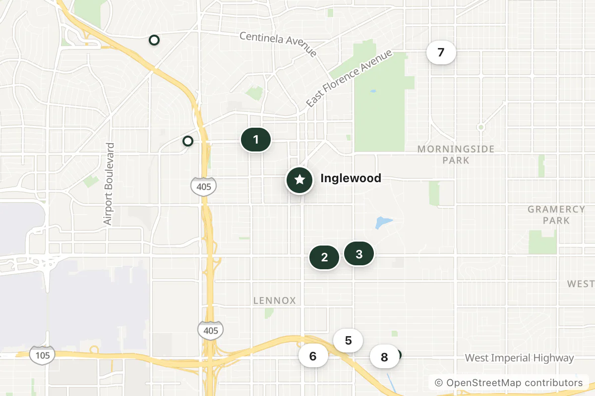 Map of the top 13 hotels for this question around Inglewood