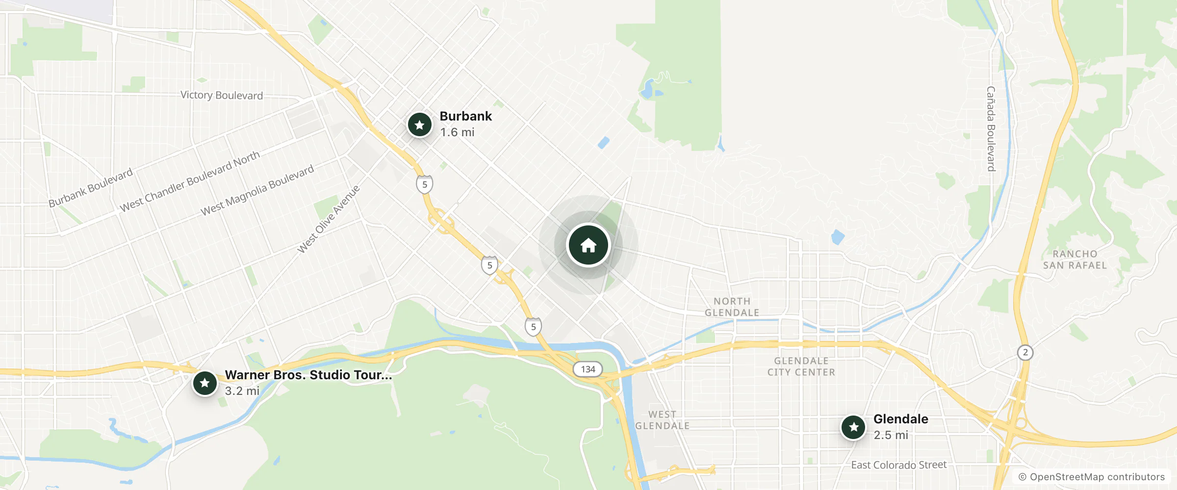 Map of Extended Stay America and nearby Burbank, Glendale and Warner Bros. Studio Tour Hollywood