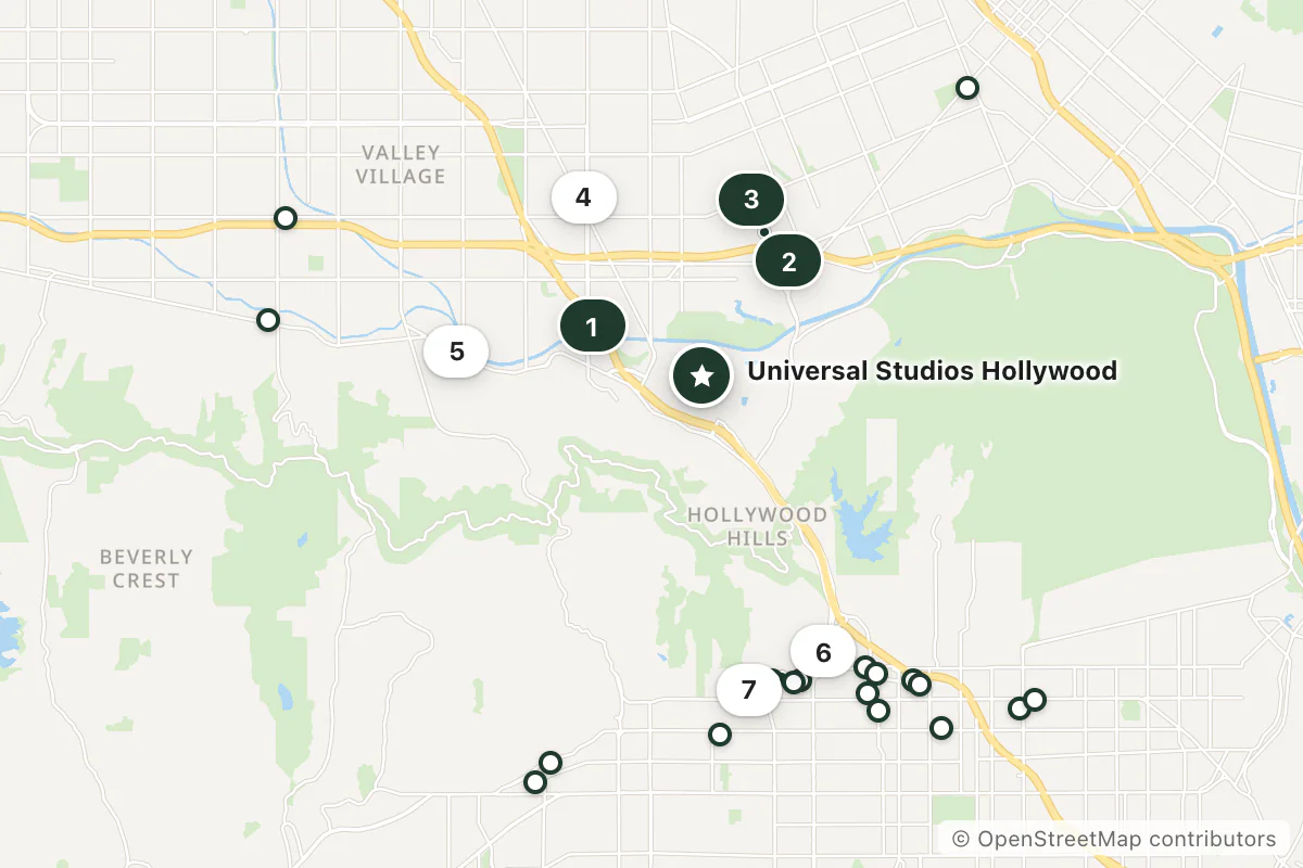 Map of the top 25 hotels for this question around Universal Studios Hollywood