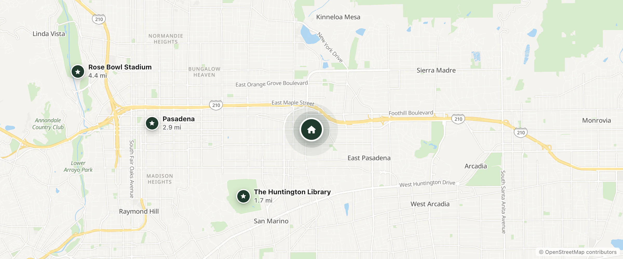 Map of La Casa Inn and nearby The Huntington Library, Pasadena and Rose Bowl Stadium