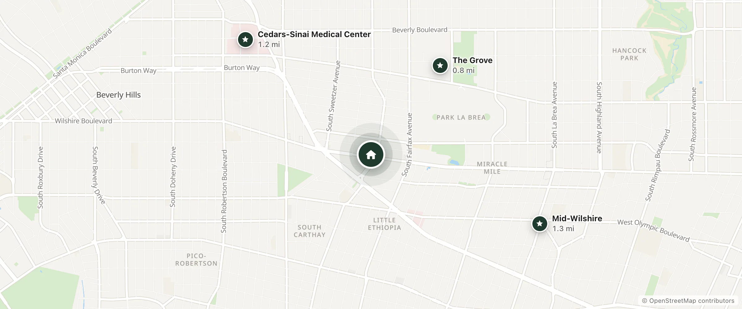 Map of Kimpton Hotel Wilshire and nearby The Grove, Cedars-Sinai Medical Center and Mid-Wilshire