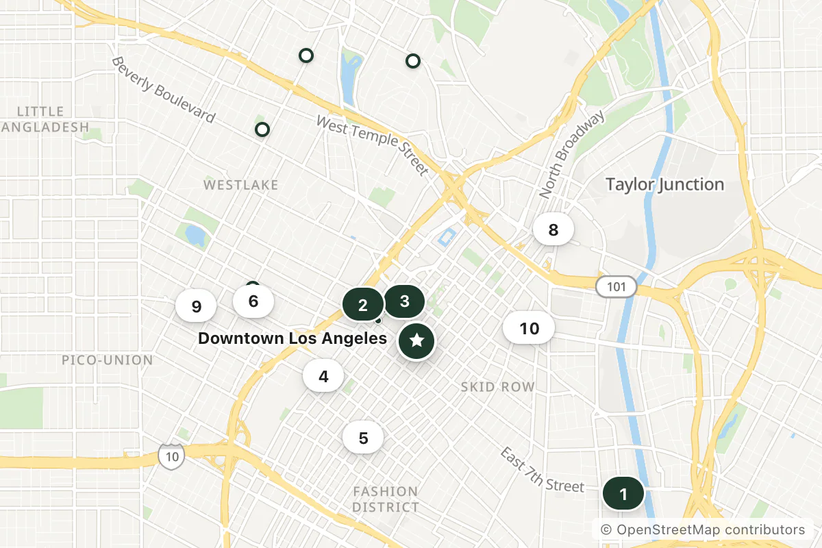 Map of the top 13 hotels for this question around Downtown Los Angeles