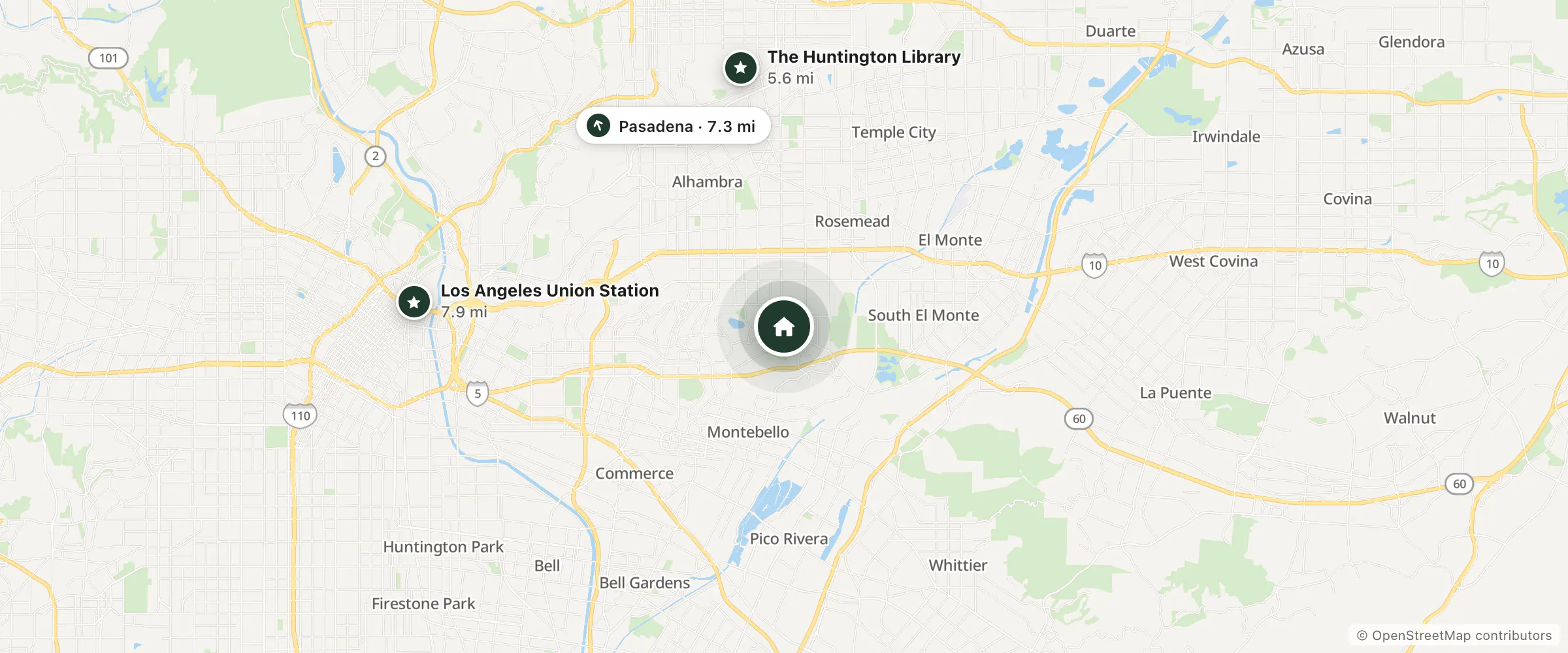 Map of Del Mar Motel and nearby The Huntington Library, Pasadena and Los Angeles Union Station