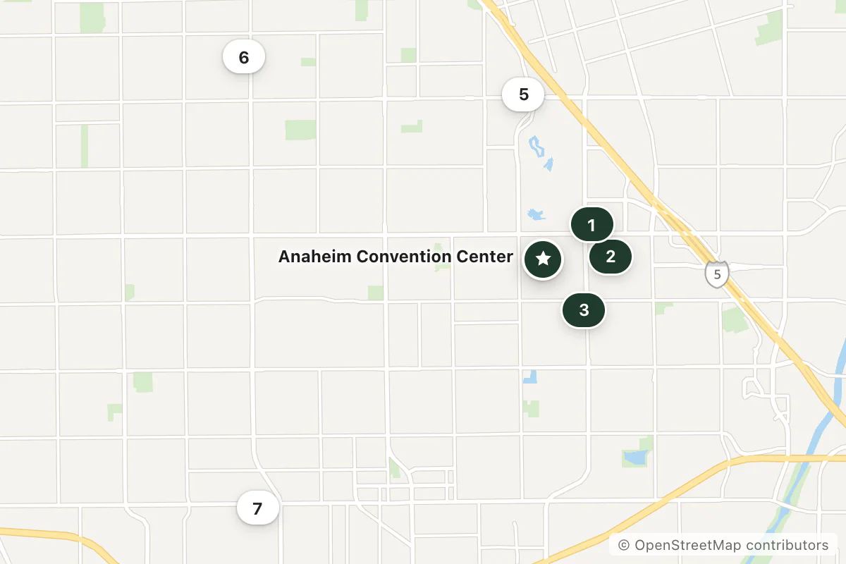 Map of the top 7 hotels for this question around Anaheim Convention Center