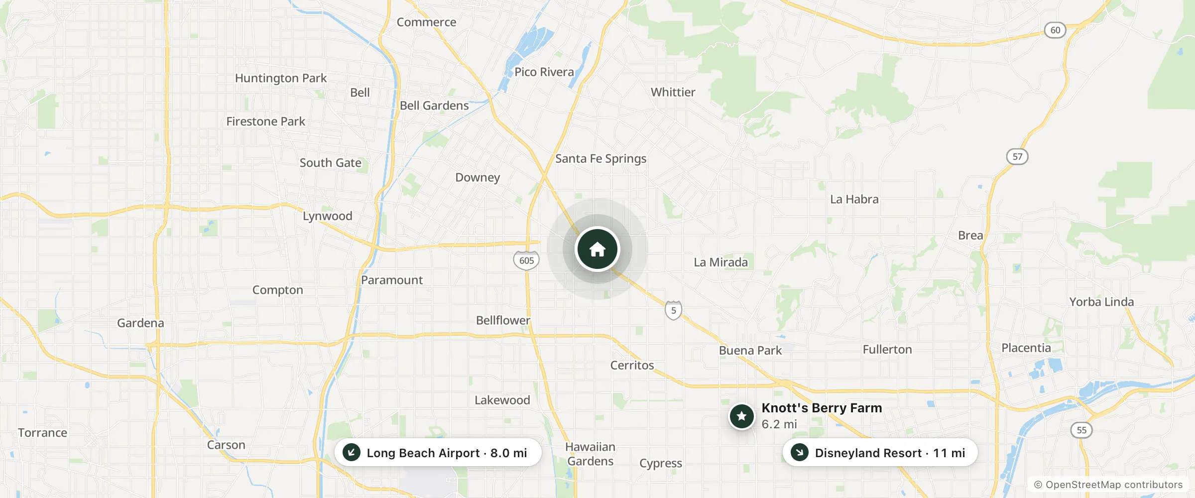 Map of Granville Park Hotel and nearby Knott's Berry Farm, Long Beach Airport and Disneyland Resort