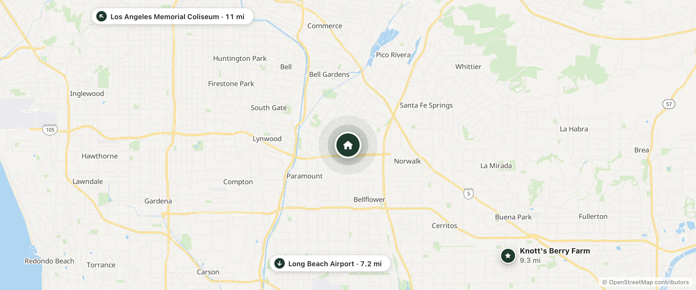 Map of Studio Inn & Suites and nearby Long Beach Airport, Knott's Berry Farm and Los Angeles Memorial Coliseum