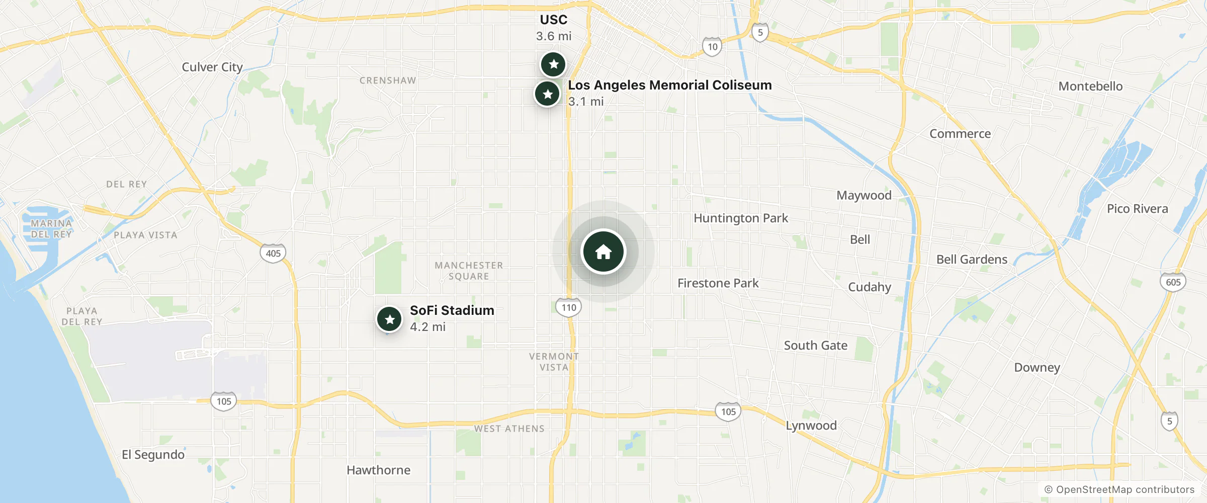 Map of Top Hat Motel and nearby Los Angeles Memorial Coliseum, USC and SoFi Stadium