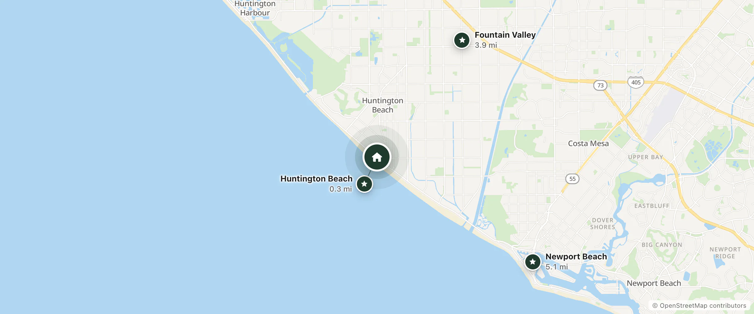 Map of Kimpton Shorebreak Resort and nearby Huntington Beach, Fountain Valley and Newport Beach