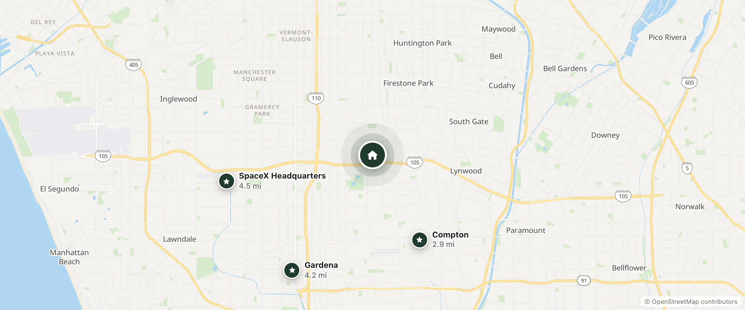 Map of Marriott Shadow Ridge Resort Palm Desert and nearby Compton, Gardena and SpaceX Headquarters