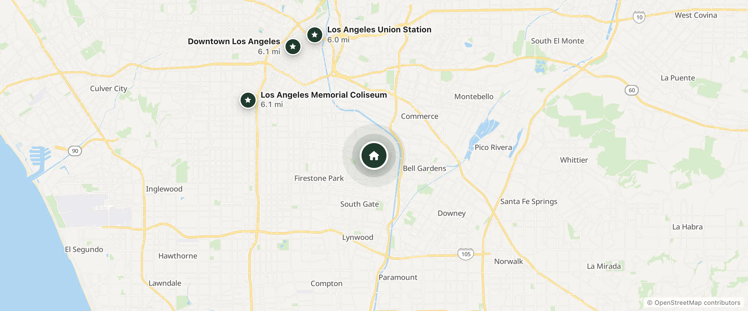 Map of Tropics West Motel and nearby Los Angeles Union Station, Downtown Los Angeles and Los Angeles Memorial Coliseum