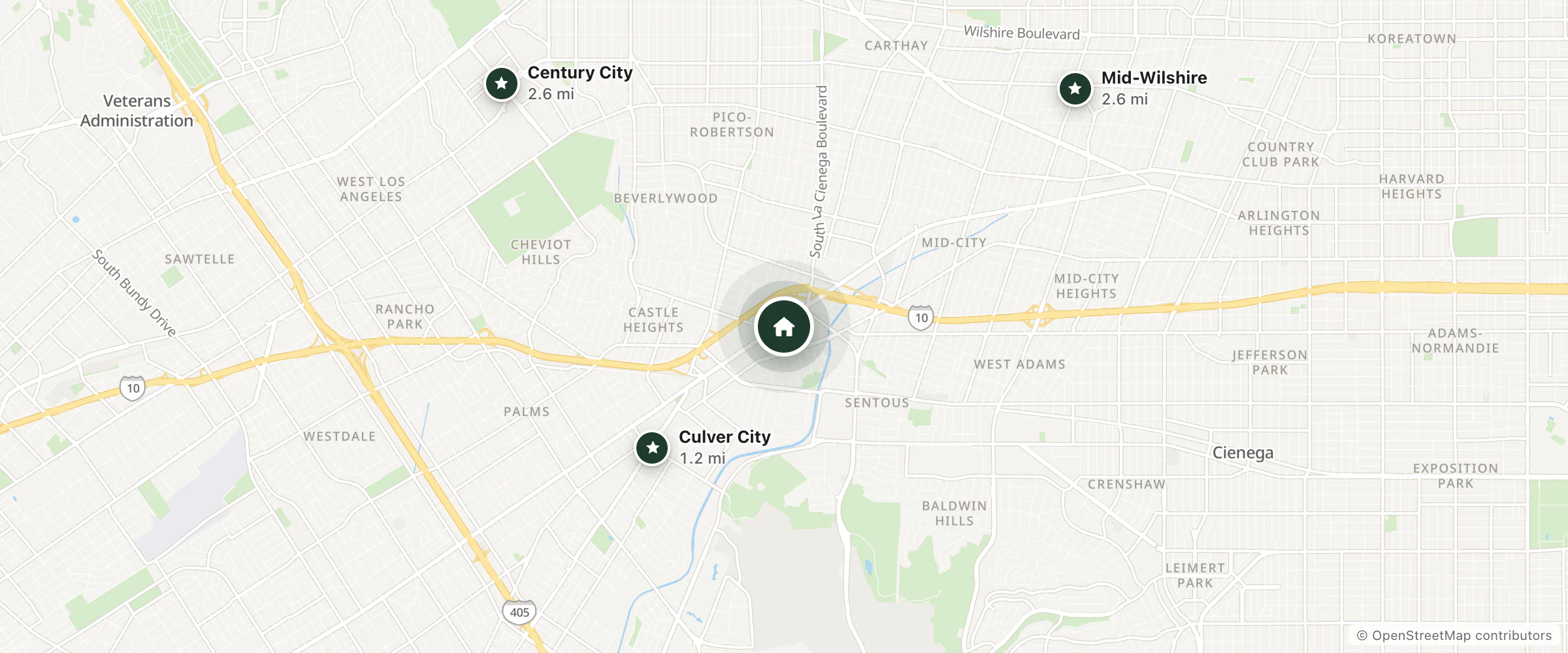 Map of King's Lodge Motel and nearby Culver City, Century City and Mid-Wilshire