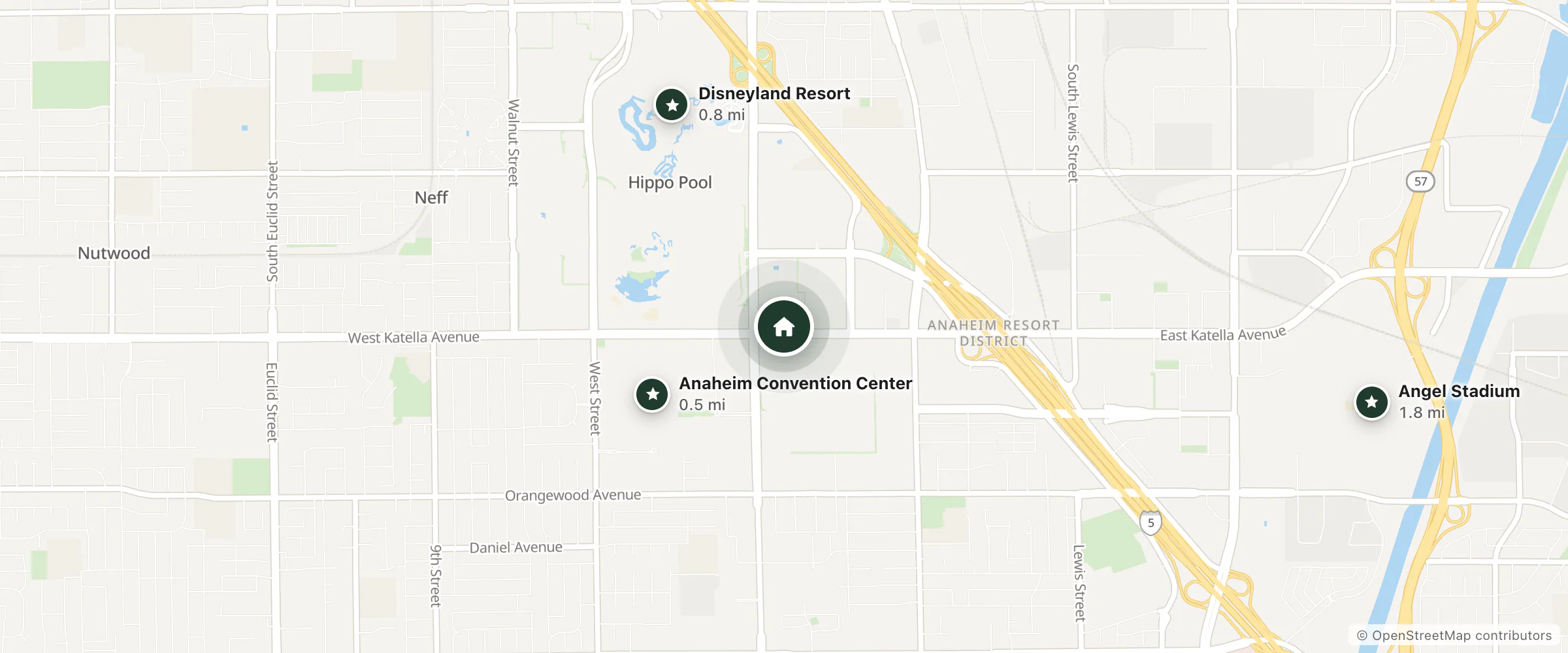Map of Hotel Indigo and nearby Anaheim Convention Center, Disneyland Resort and Angel Stadium