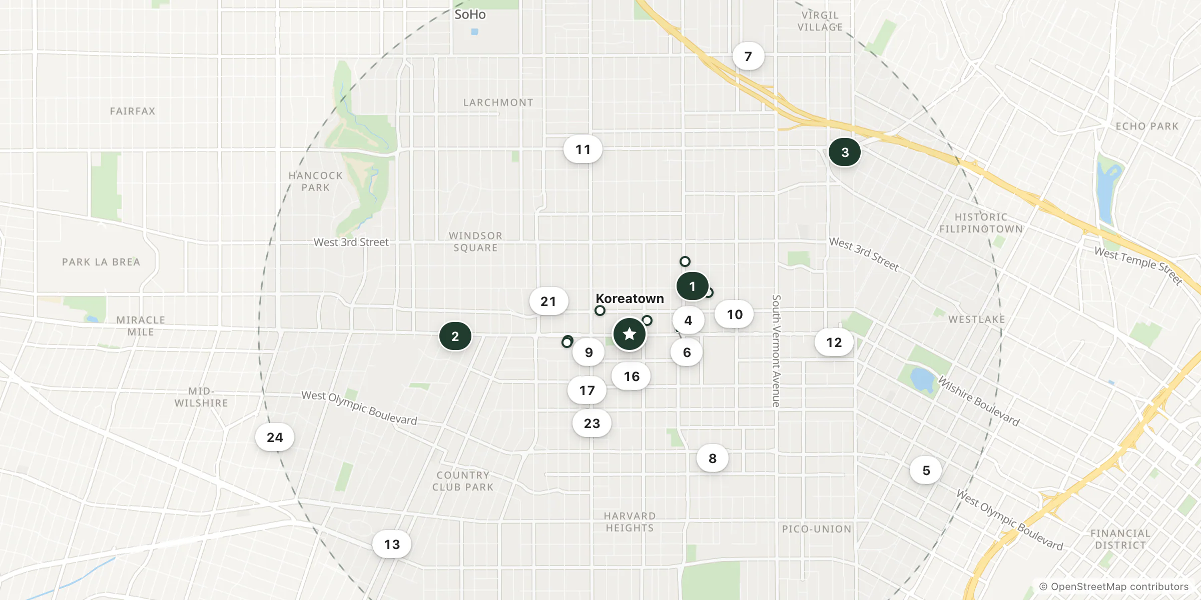 Map of hotels near Koreatown