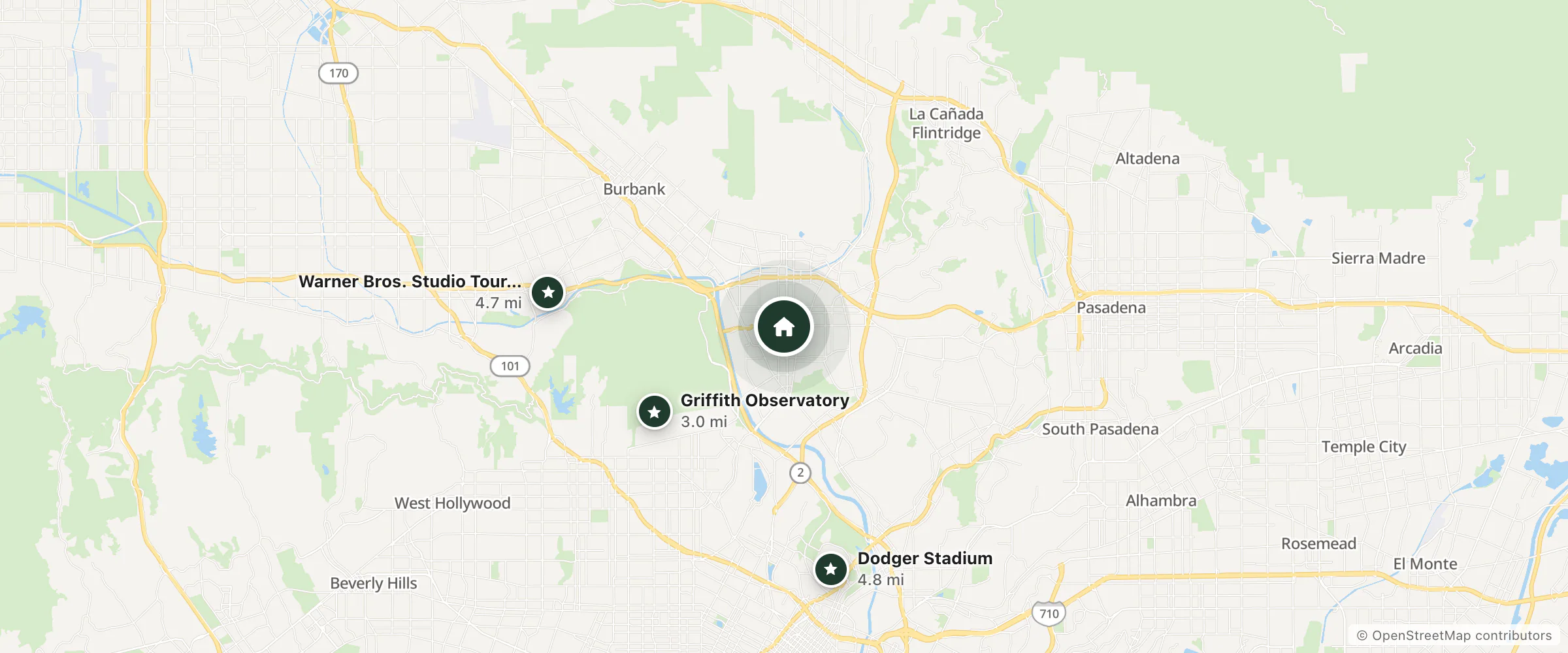 Map of Vagabond Inn Glendale and nearby Griffith Observatory, Warner Bros. Studio Tour Hollywood and Dodger Stadium