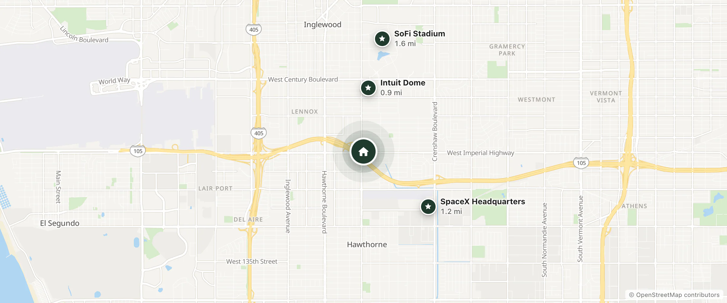 Map of La Quinta Inn & Suites Inglewood and nearby Intuit Dome, SpaceX Headquarters and SoFi Stadium